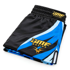 Short de Boxe BMF Boxing – Satin Noir & Bleu | Combat, Entraînement & Compétition