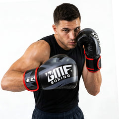 Gants de Boxe BMF Boxing – Noir & Gris, Liserés Rouges, Cuir Synthétique Renforcé