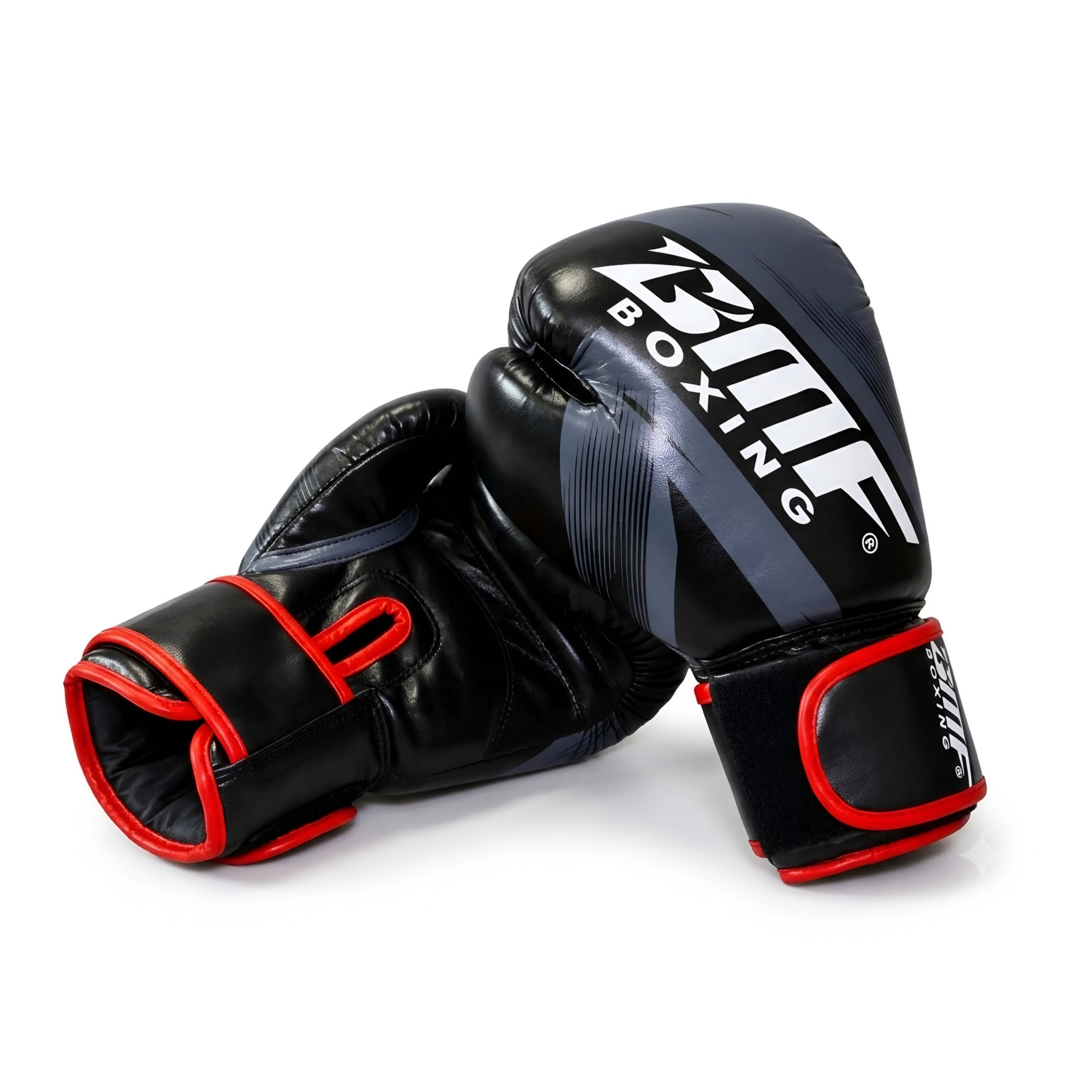 Gants de Boxe BMF Boxing – Noir & Gris, Liserés Rouges, Cuir Synthétique Renforcé