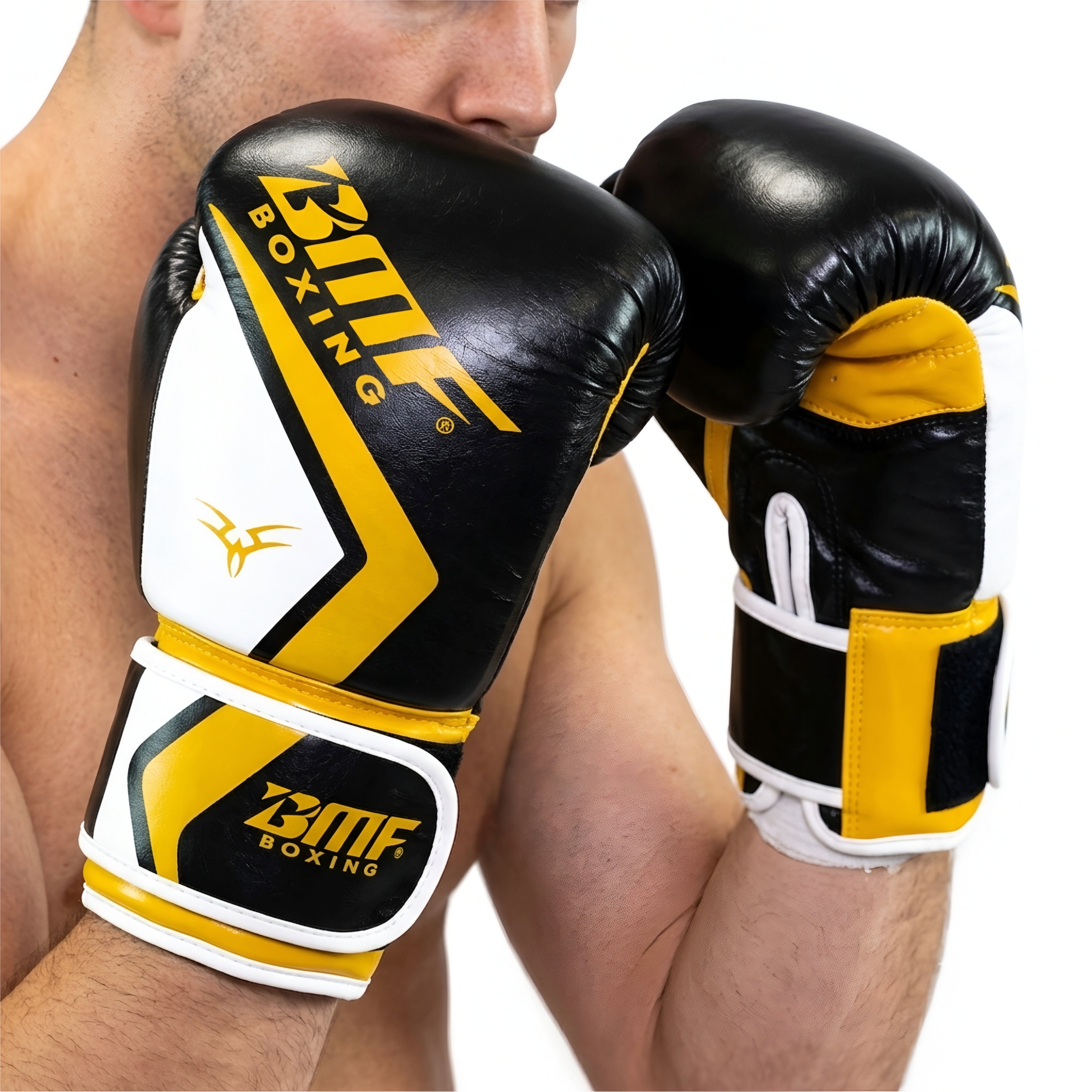 Gants de Boxe BMF Boxing – Noir, Blanc & Or, Cuir Premium