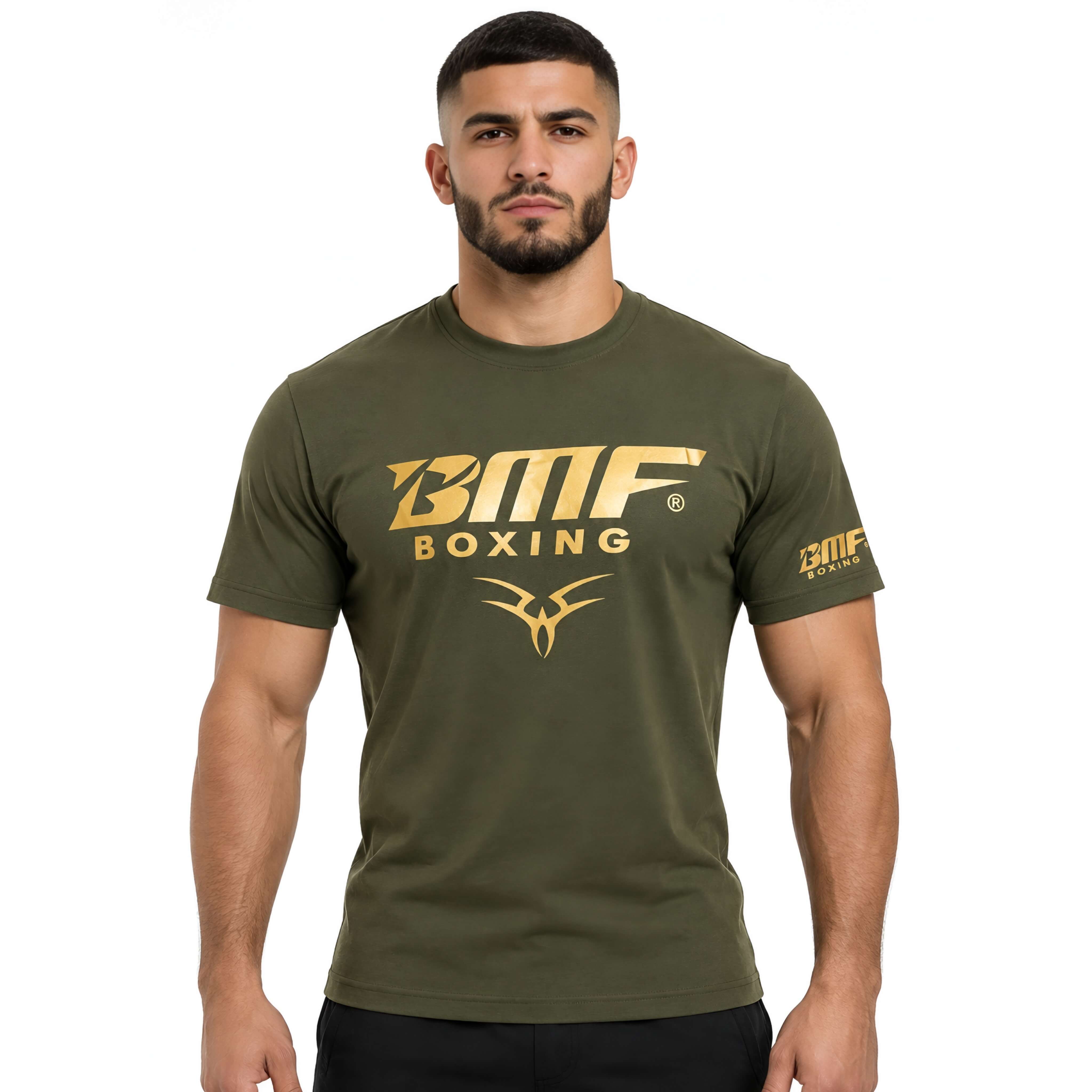 T-shirt BMF Boxing – Vert Kaki, Logo Doré, Coton Premium