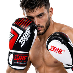 Gants de Boxe BMF Boxing – Noir, Blanc & Rouge, Cuir Synthétique Haute