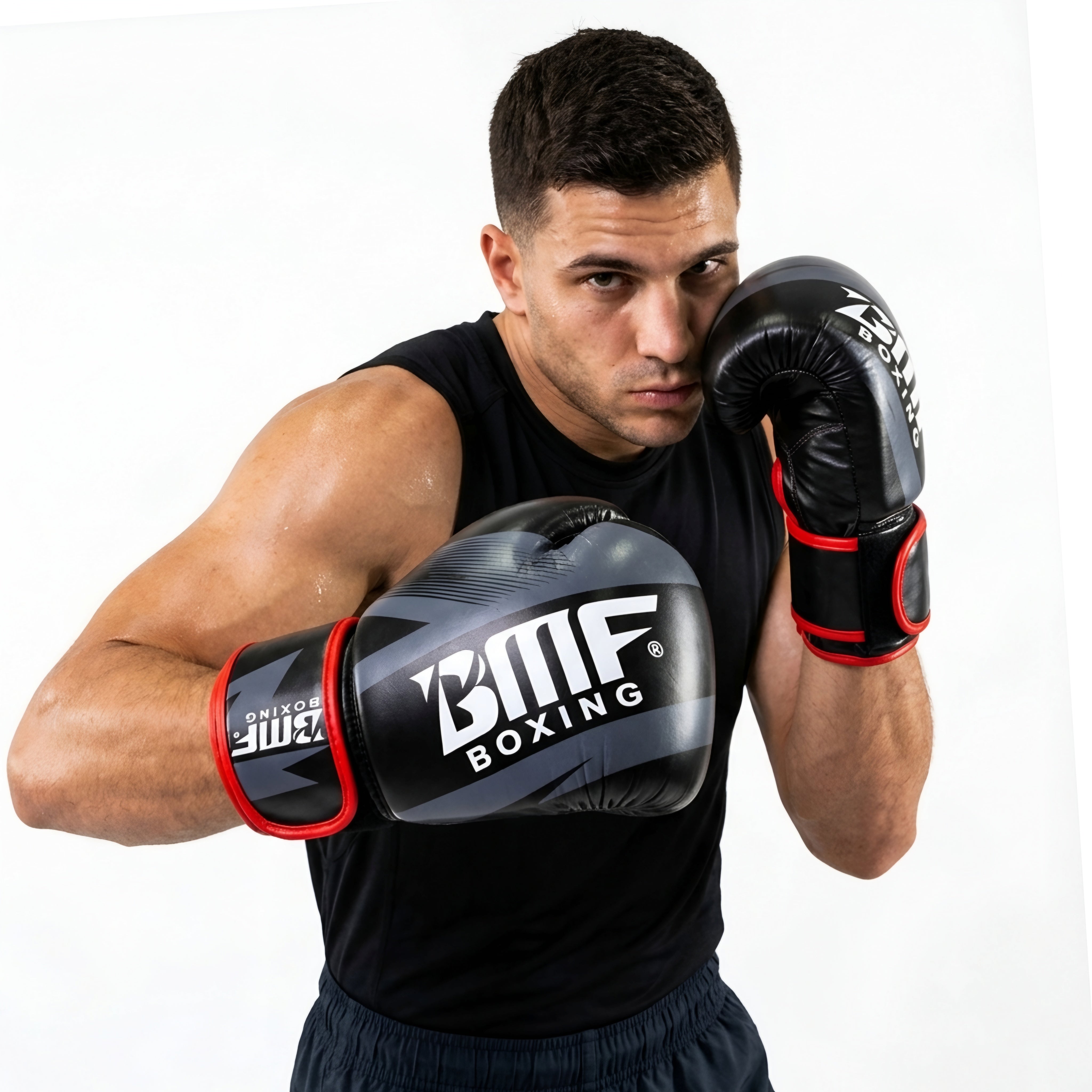 Gants de Boxe BMF Boxing – Noir & Gris, Liserés Rouges, Cuir Synthétique Renforcé
