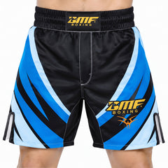 Short de Boxe BMF Boxing – Satin Noir & Bleu | Combat, Entraînement & Compétition